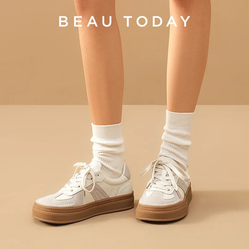 BEAUTODAY Casual Sneakers Women Cow Suede Split Leather Microfiber Patchwork Shoes Lace-up Female Traniers Handmade  29768