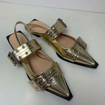 Women Gladiator Sandals Low Heels Shoes Gold Mules Designer Fashion Ladies Shoes For Slides Pointed Toe Casual Female Slippers - Touchy Style