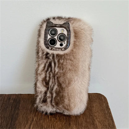 Cute Cat Fluffy Gradient Plush Phone Case For iphone 16 15 13 12 Pro Max 14 Plus 11 Girl Winter Warm Cover Cartoon Soft Shell