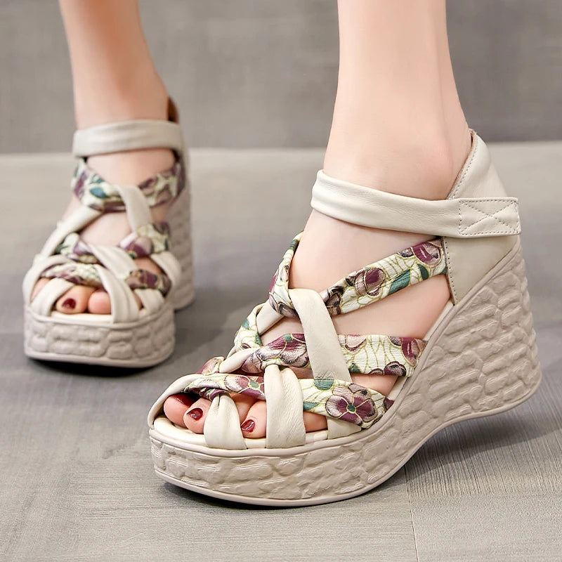 Retro Sandals Summer New Hook &amp; Loop Bohemian Genuine Leather Comfortable Thick Bottom Women&