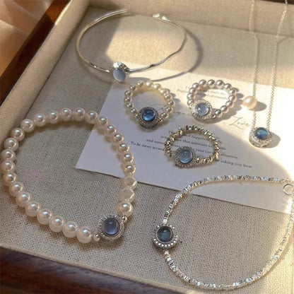 PANJBJ 925 Sterling Silver Blue Crystal Rings For Women Pearl Bead String Design Sweet Elastic Jewelry Gift Dropshipping - Touchy Style