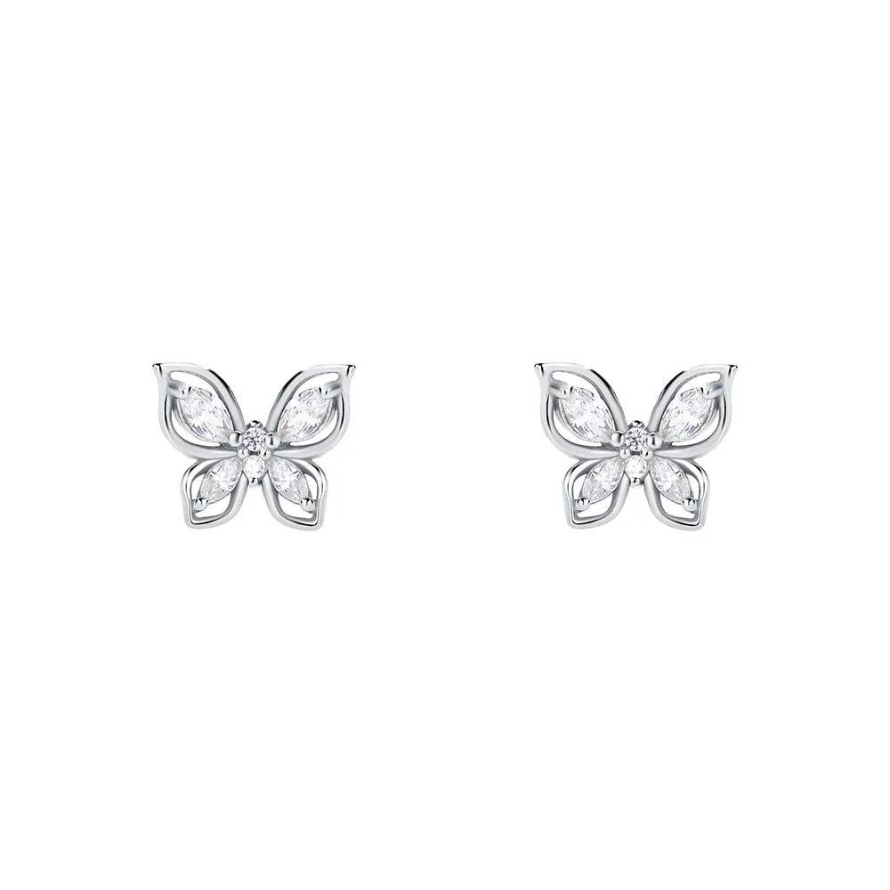 Real 999 Sterling Silver Fashion Romantic Delicate Zircon Butterfly Stud Earrings For Women Wedding Fine Jewelry - Touchy Style