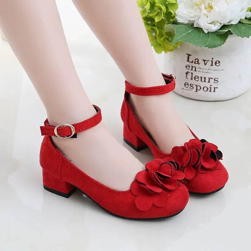 Girls Party Shoes High Heeled Fashion Princess with Flowers Sweet Chic Kids Leather Shoes for Wedding Model Shoes Ankle-strap - Touchy Style