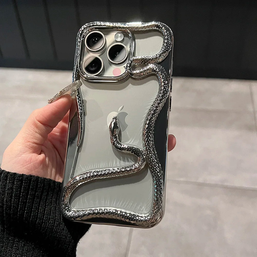 Luxury Plating 3D Snake Hollow Plain Phone Case For iPhone 16 15 14 13 12 11 Pro Max INS Fashion Creativity Shockproof Cover