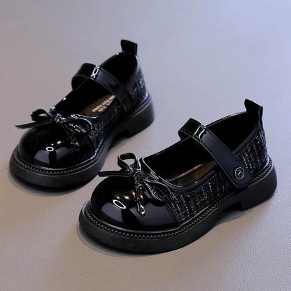 Girls Patchwork Black Leather Shoes Autumn Butterfly-knot Lolita Children Mary Janes Elegant Round Toe Comfort Kids Shoes H07164 - Touchy Style