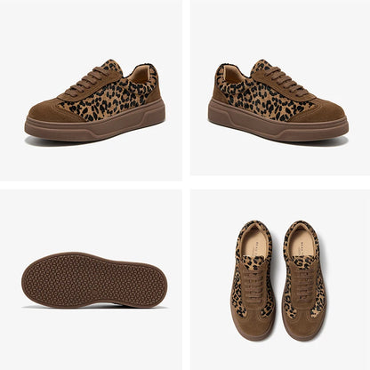 BEAUTODAY Fashion Leopard Sneakers Women Cow Suede Lace-up Round Toe Patchwork Ladies Shoes Handmade 29895