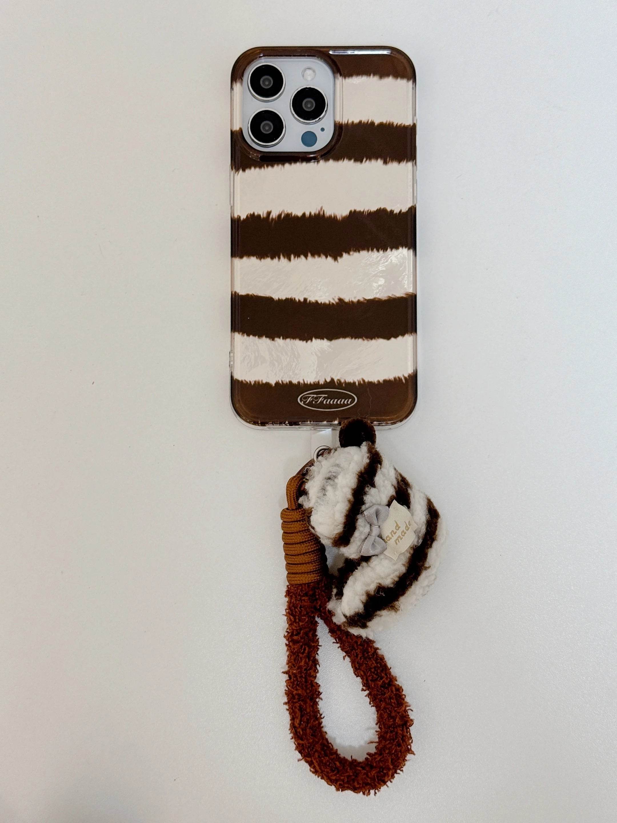 Cute Phone Cases For iPhone 16, 15, 14, 13 Pro Max - Creative Laser Brown Stripes with Fluffy Socks Wrist Band - PC6130 - Touchy Style