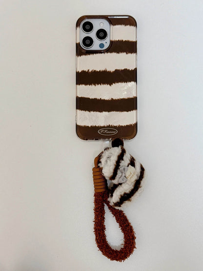 Cute Phone Cases For iPhone 16, 15, 14, 13 Pro Max - Creative Laser Brown Stripes with Fluffy Socks Wrist Band - PC6130 - Touchy Style
