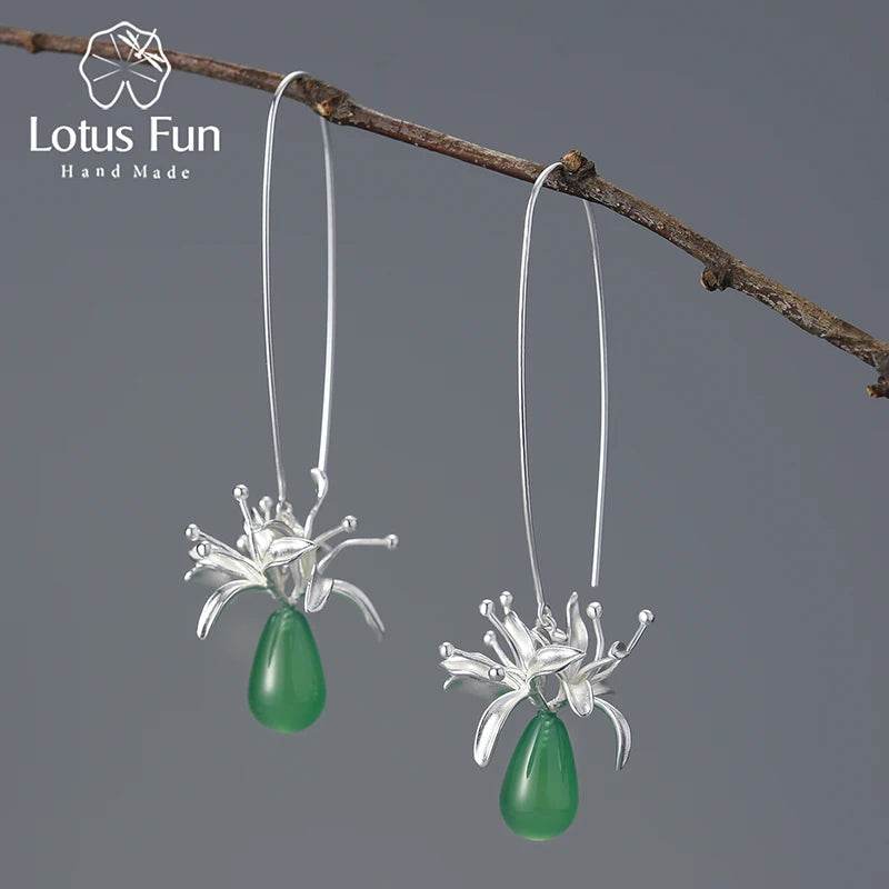 Lotus Fun Natural Gemstone Long Unusual Red Spider Lily Flower Dangle Earrings for Women 925 Sterling Silver Luxury Fine Jewelry - Touchy Style