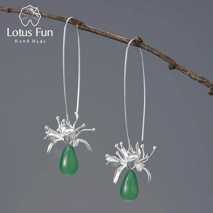 Lotus Fun Natural Gemstone Long Unusual Red Spider Lily Flower Dangle Earrings for Women 925 Sterling Silver Luxury Fine Jewelry - Touchy Style