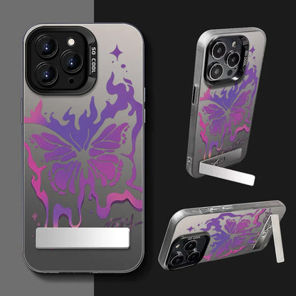 Purple Butterfly Phone Holder Case for iPhone 15 16 14 13 12 11 Pro Max X Xs Max XR 7 8 Plus Mini Luxury Aurora Stand Cover