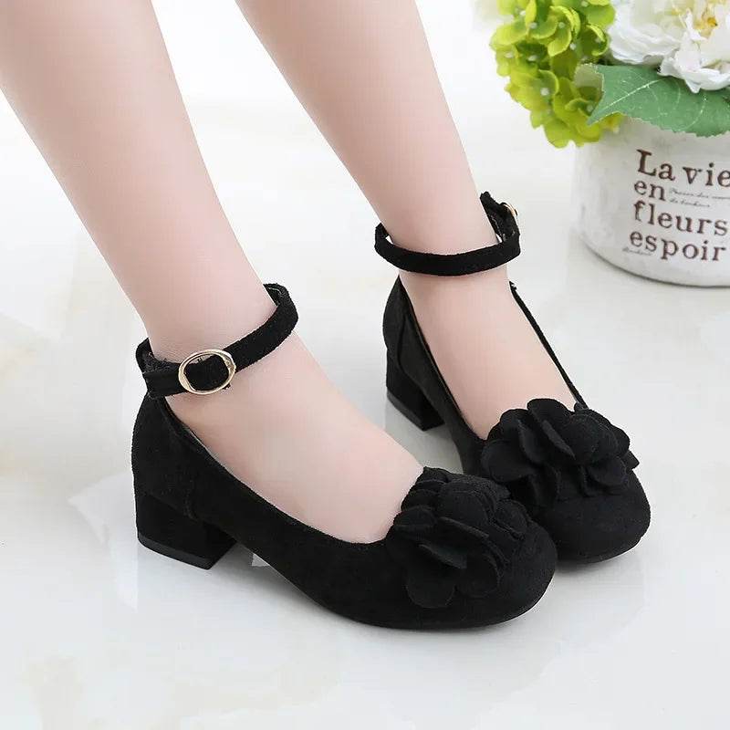 Girls Party Shoes High Heeled Fashion Princess with Flowers Sweet Chic Kids Leather Shoes for Wedding Model Shoes Ankle-strap - Touchy Style