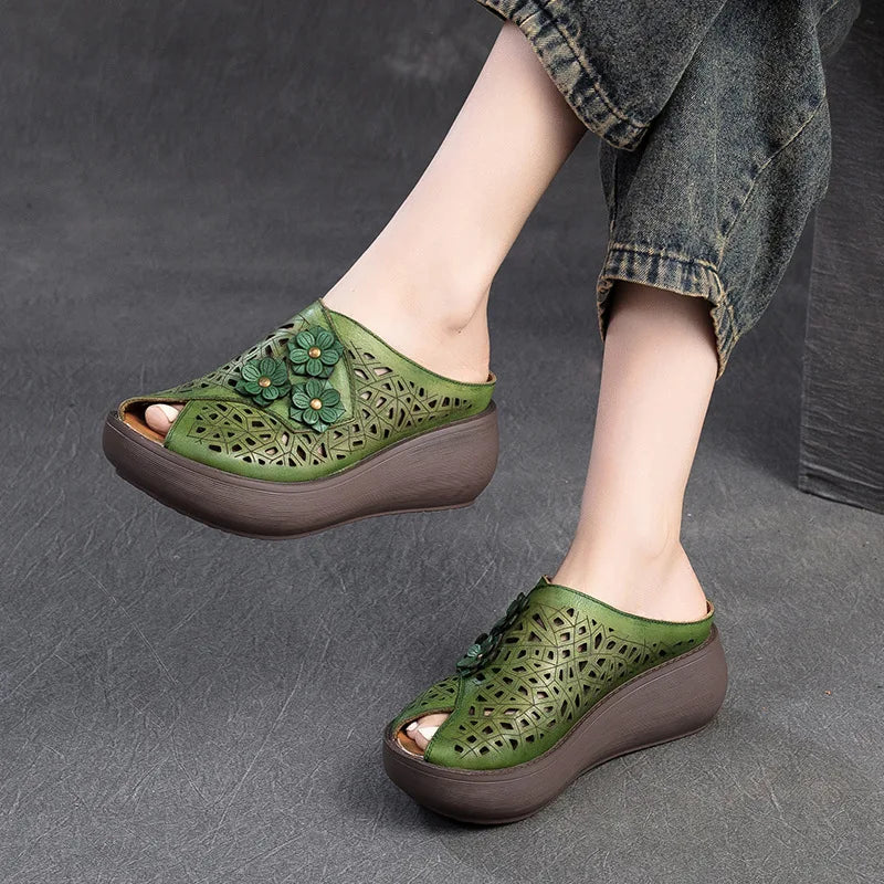 Fashion Cut-outs Women Shoes Slippers Summer Peep Toe Wedge Sandals Genuine Leather Lady Slides Shoes Woman