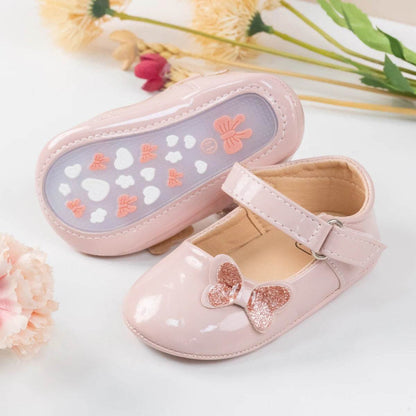KIDSUN Baby Shoes Newborn Girl Princess PU Toddler Shoes Bow Decor Rubber Sole Anti-Slip First Walker Shoes 0-18M - Touchy Style
