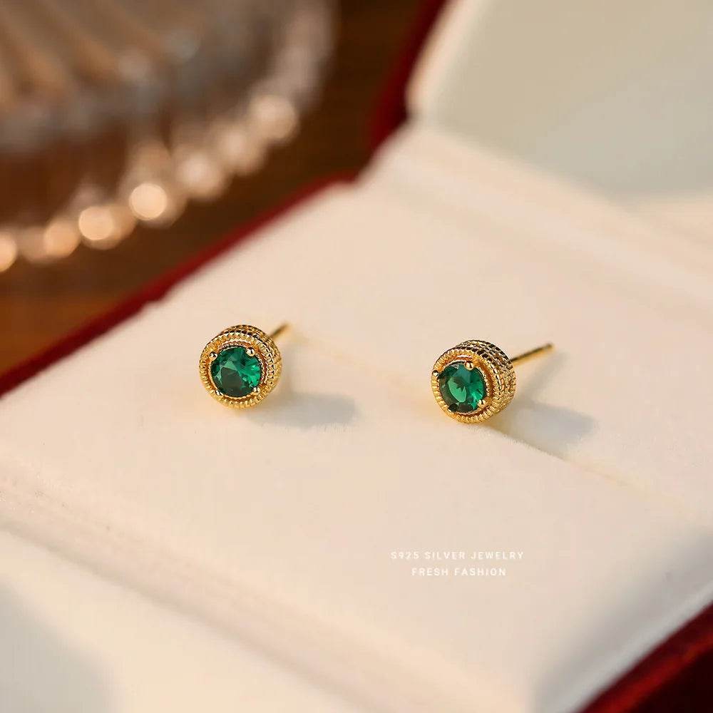 925 Sterling Silver French Light Luxury Baroque Carved Green Zircon Stud Earrings For Women Wedding Party Jewelry - Touchy Style