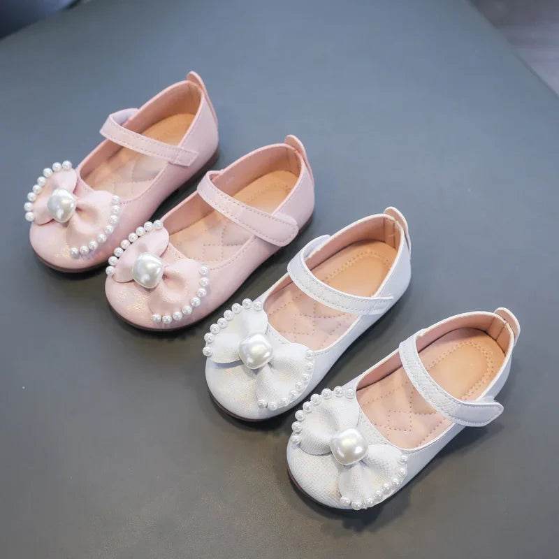Solid Color Bow Simple Casual Pearl Cute Baby Girl Flats New 2024 Hook &amp; Loop Little Princess Soft Mary Jane Fashion Kids Shoes - Touchy Style