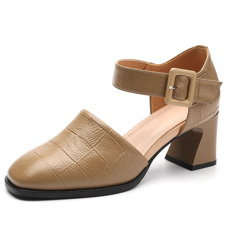 New Fashion Genuine Leather Sandals Woman High Heels Closed Toe Ladies Summer Buckle Strap Platform Shoes Women Sandals