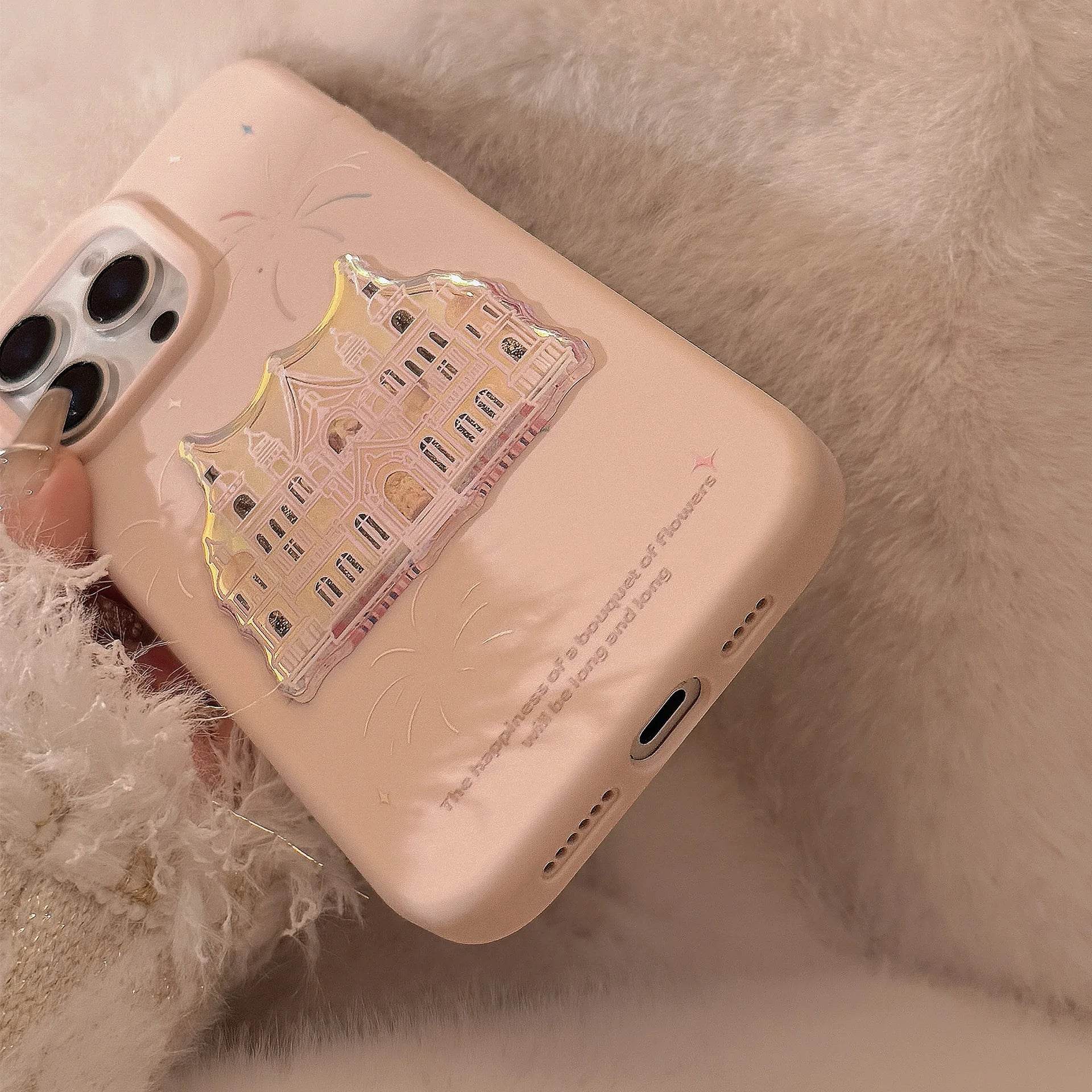 Cute Phone Cases For iPhone 16, 15, 14, 13, 12, 11 Pro Max - Pink Castle, Laser Art with Sweet Bracelet Pendant - IC1050 - Touchy Style