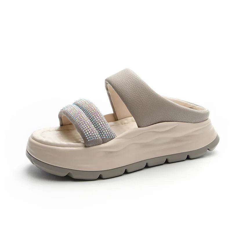 Crystal Genuine Leather Slippers Women Thick Sole Summer Height Increasing Casual Shoes Wedges Platform Slides