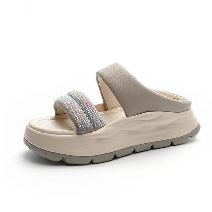 Crystal Genuine Leather Slippers Women Thick Sole Summer Height Increasing Casual Shoes Wedges Platform Slides