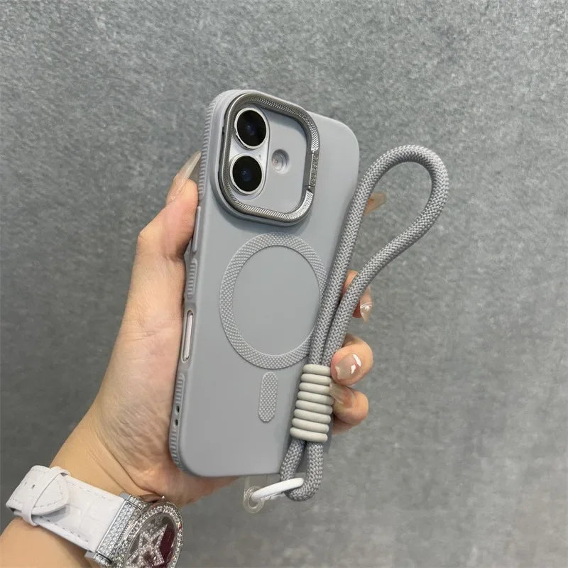 Luxury Camera Lens Stand Holder For Magsafe Case for iPhone 16 15 14 Plus 13 12 Pro Max 11 Matte Soft Lanyard Strap Band Cover