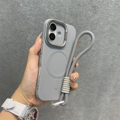 Luxury Camera Lens Stand Holder For Magsafe Case for iPhone 16 15 14 Plus 13 12 Pro Max 11 Matte Soft Lanyard Strap Band Cover