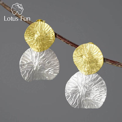 Lotus Fun Minimalism Round Vintage Double Lotus Leaves Dangle Earrings for Women Real 925 Sterling Silver Statement Fine Jewelry - Touchy Style