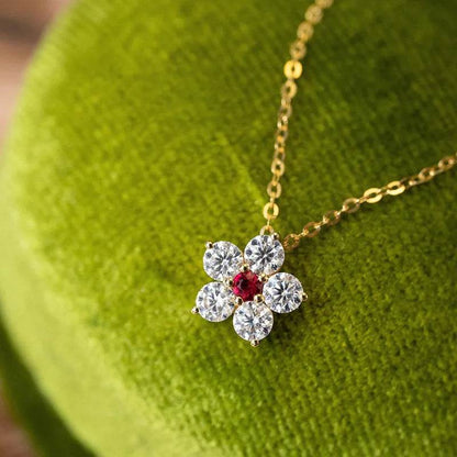 925 Sterling Silver Retro High Quality Flowers Pendant Necklace Red CZ For Women Birthday Gift Fine Jewelry - Touchy Style