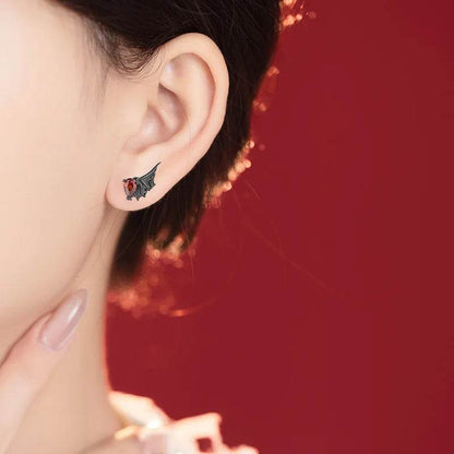 PANJBJ 925 Sterling Silver Red Zircon Studs Earring For Women Neo-Gothic Punk Wing Feather Angel Devil Jewelry Gift Dropshipping - Touchy Style