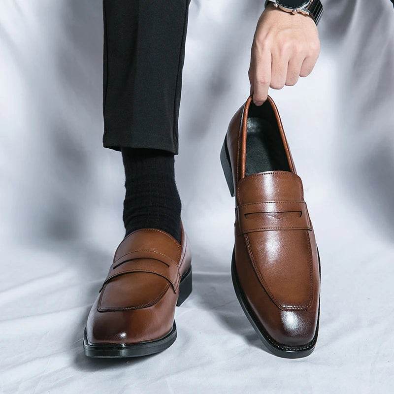 Fashion Penny Loafers Leather Men Shoes Simple Pointed Toe Slip On Dress Business Suit Casual Party Wedding Shoes For Man - Touchy Style