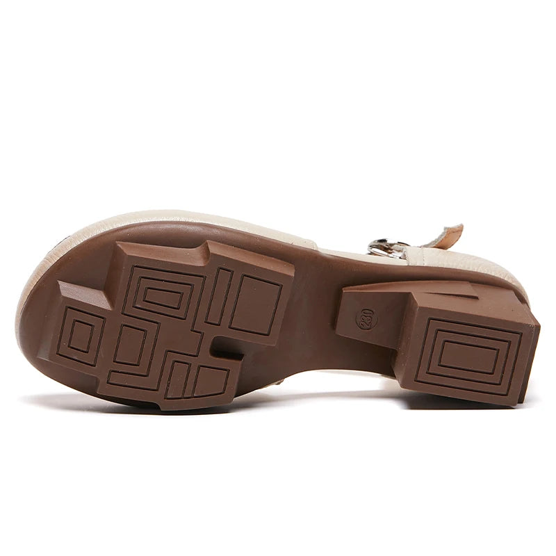High Heels Sandals Women Shoes 2024 New Spring Genuine Leather Buckle Strap Retro Round Toe Casual Platform Ladies Shoes