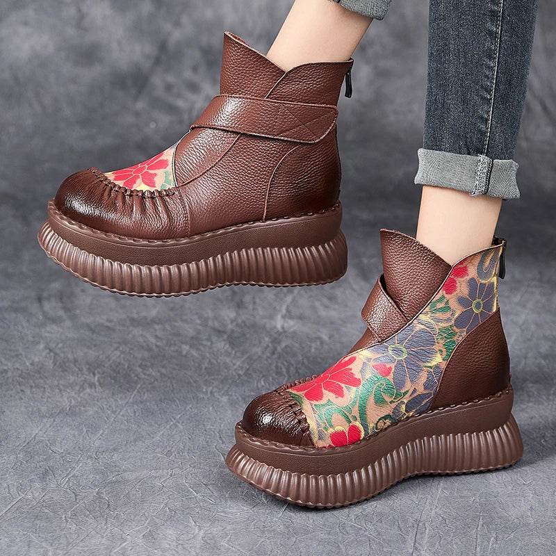 Handmade Ankle Boots Platform Women Genuine Cow Leather Short Boots Round Toe Height Increasing Thick Sole Ladies Shoes - Touchy Style