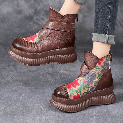 Handmade Ankle Boots Platform Women Genuine Cow Leather Short Boots Round Toe Height Increasing Thick Sole Ladies Shoes - Touchy Style