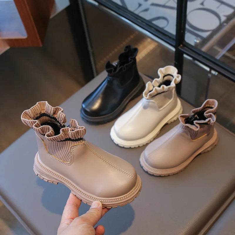 Knitted Ruffled Bordered Girl Short Boots 2024 Spring Autumn Platform Boots for Kids Girls Princess Wedding Party Shoes H07204 - Touchy Style