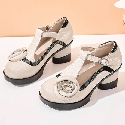 Spring Women Pumps Retro Lady 7CM High Heels Buckle Strap Flower Pumps Handmade Women Genuine Leather Shoes