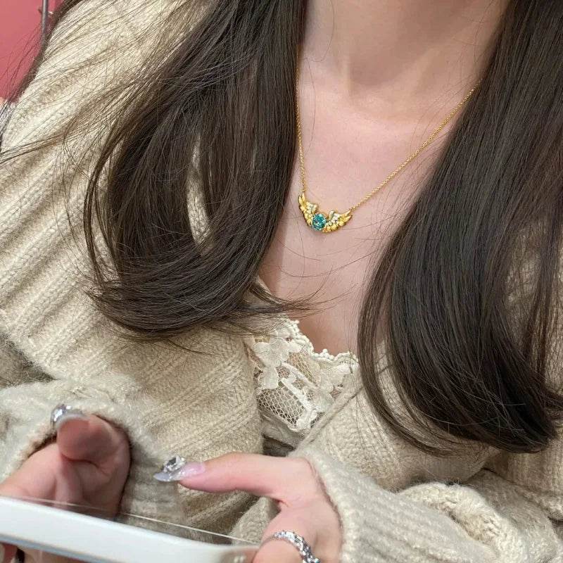 PANJBJ 925 Sterling Silver Blue Zircon Necklace for Women Girl Wing Design Feather Sweet Banquet Jewelry Gift Dropshipping - Touchy Style
