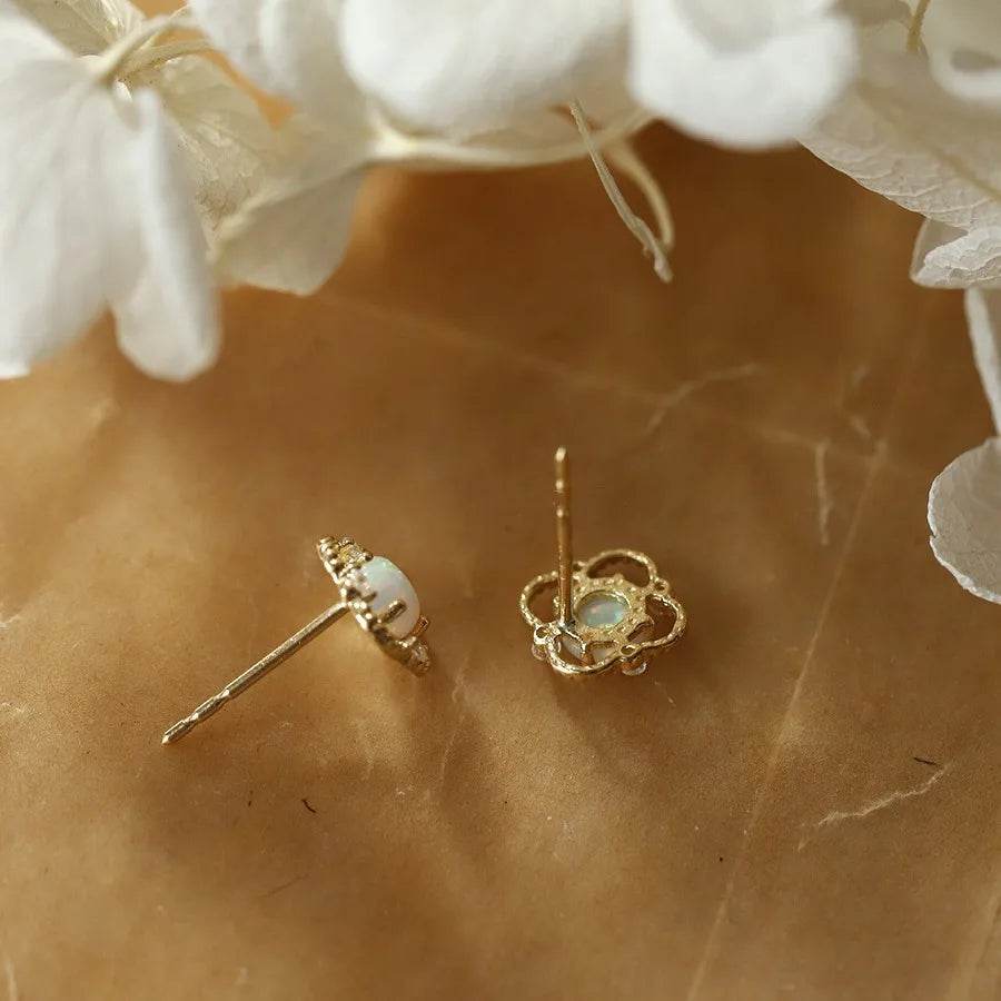 925 Sterling Silver Electroplated 14K Gold Earrings for Women French Imitation Opal Zirconia Flower Light Luxury Earrings - Touchy Style