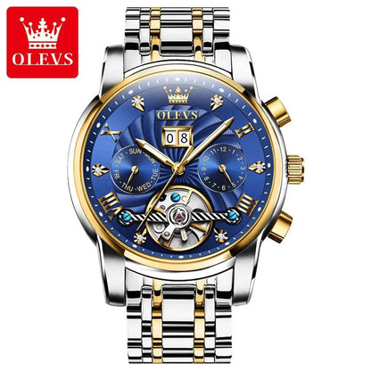 OLEVS Mens Watch Automatic Mechanical Tourbillon Slef-Wind Luxury Stainless Steel Strap Waterproof Luminous Date Wrist Watch - Touchy Style