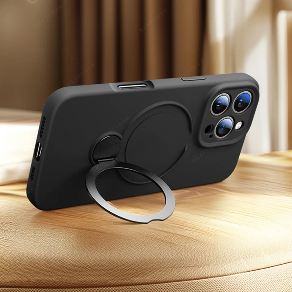 For Magsafe Stand Phone Case For iPhone 16 Plus 13 14 15 16 Pro Max Liquid Silicone Magnetic Charge Holder Protector Soft Cover