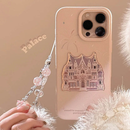 Cute Phone Cases For iPhone 16, 15, 14, 13, 12, 11 Pro Max - Pink Castle, Laser Art with Sweet Bracelet Pendant - IC1050 - Touchy Style