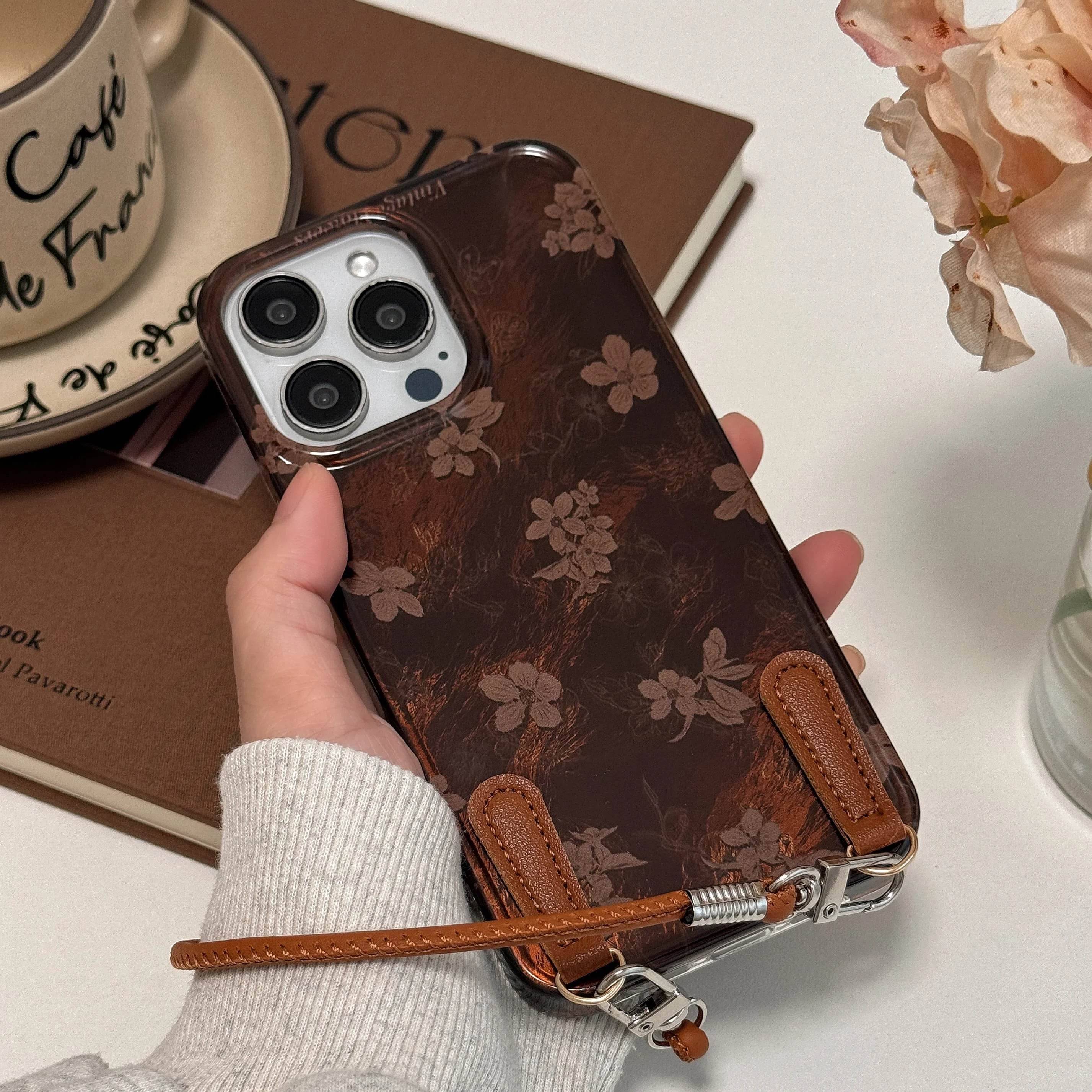 Cute Phone Cases for iPhone 16, 15, 14, 13 Pro Max - Leather Floral Prints With Leather Wrist Band - Chic Back Cover - PC2420 - Touchy Style