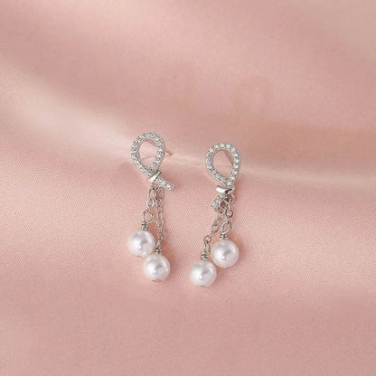 925 Sterling Silver Earring Charm Jewelry - Pearl Tassels Chain Sweet Bow - E6420 - Touchy Style