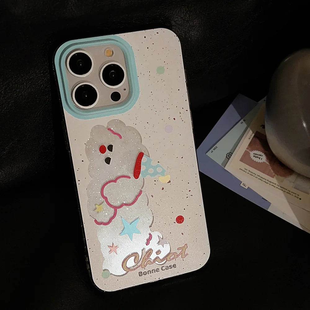 Cute Phone Cases For iPhone 16, 15, 14, 13, 12, 11 Pro Max, 15 Plus - Glitter Lazy Party Puppy - Transparent Cover - IC4011 - Touchy Style