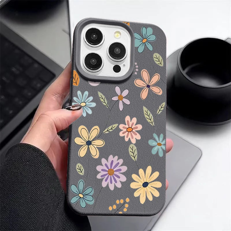 Luxury Leather Texture TPU Case For iPhone 16 15 14 13 12 Pro Max 13 15 Pro 11 Cartoon Flowers Pattern Soft Silicone Phone Cover - Cute Phone Cases
