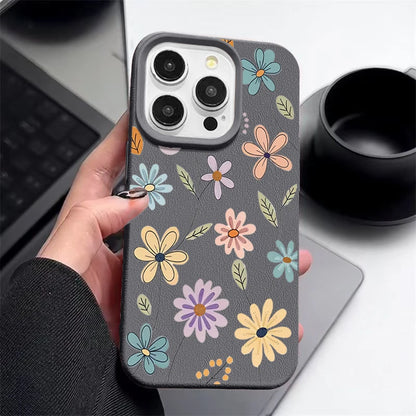Luxury Leather Texture TPU Case For iPhone 16 15 14 13 12 Pro Max 13 15 Pro 11 Cartoon Flowers Pattern Soft Silicone Phone Cover - Cute Phone Cases