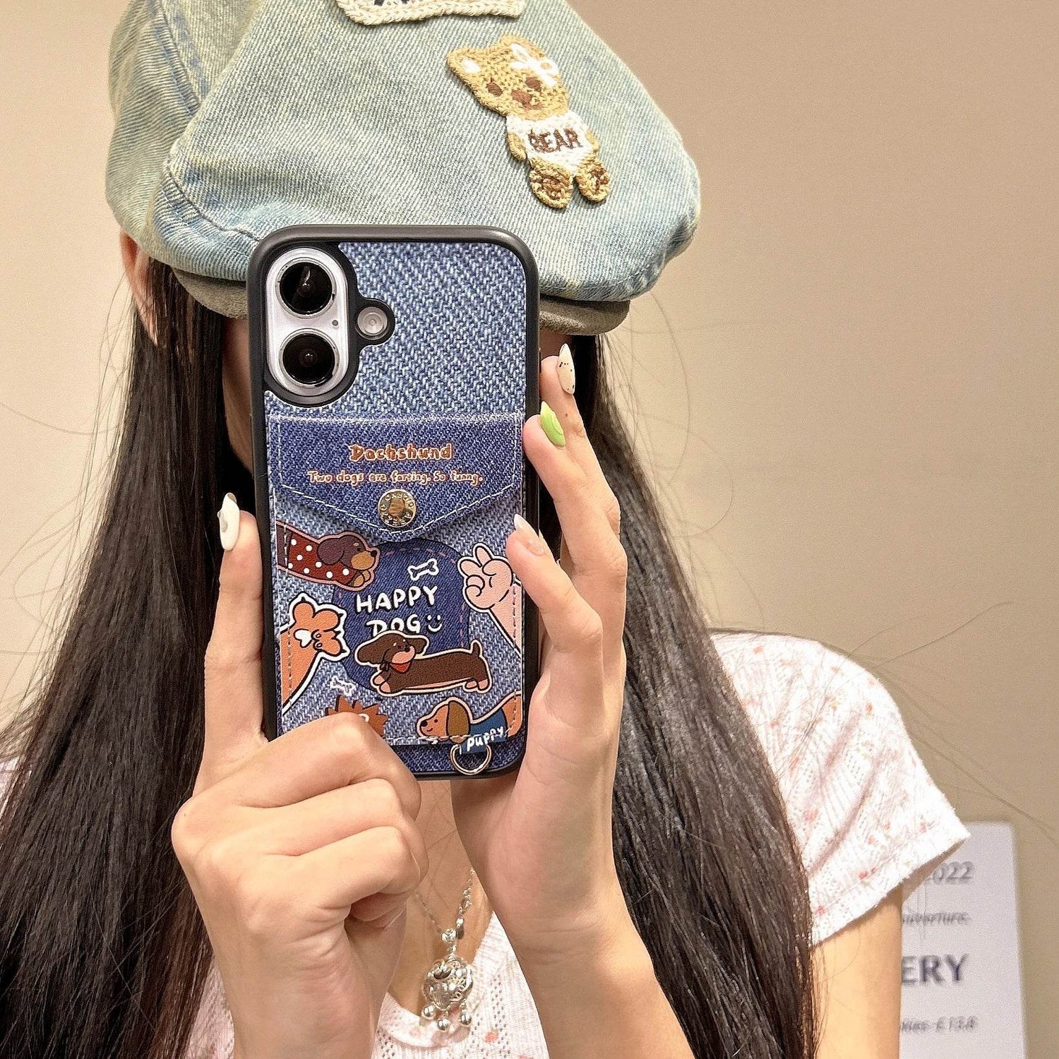 Cute Phone Cases For iPhone 16, 15, 14, 13 Pro Max - Denim Cloth Embroidery Cartoon Dog - PC5320 - Touchy Style