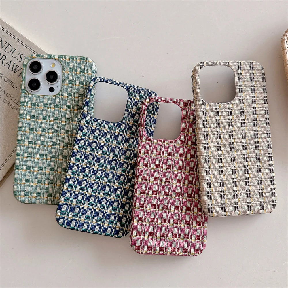 Luxury Cloth Braid Lattice Contrasting Color Phone Case For iPhone 15 14 Plus 13 12 11 Pro Max Slim Shockproof Protection Cover