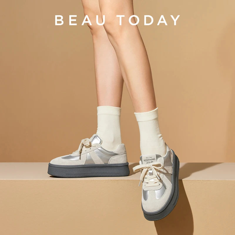BEAUTODAY Fashion Sneakers Women Suede Leather Mixed Colors Lace-up Round Toe Sliver Flats Ladies Vulcanize Shoes A29864
