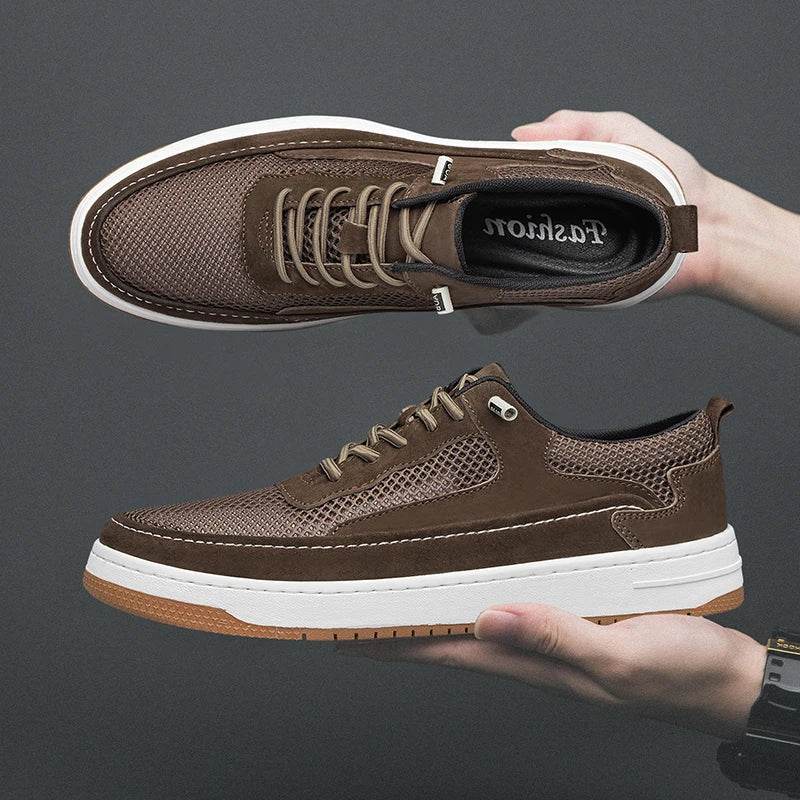 Men Fashion Genuine Leather Shoes Breathable Lace Up Sneakers Comfort Mesh Casual Shoes Outdoor Man Skate Shoes Vulcanize Shoes - Touchy Style