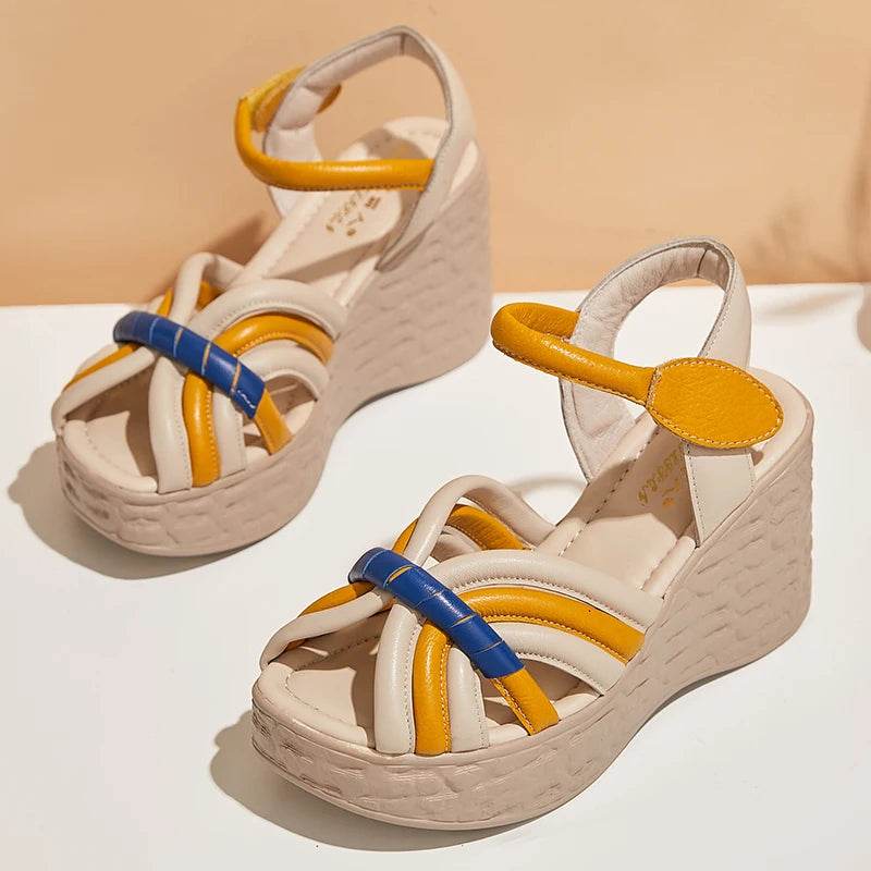 Women Sandals Genuine Leather New Summer Women Shoes hook &amp; loop Retro Wedges Casual Platform Ladies Sandals